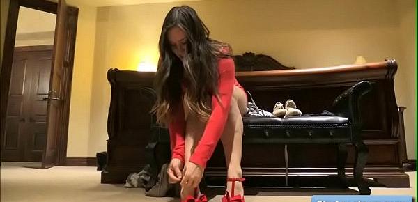  Gorgeous natural big tit amateur brunette sexy girl Summer tries sexy black dress and red shoes